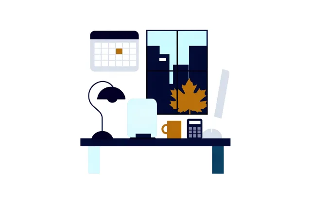 Desk with a lamp, mug and calculator beside a window showing a maple leaf and city towers.